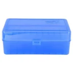 Berry's Mfg 411 blue translucent flip-top ammunition box in front view