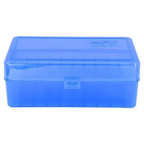 ammo-box-45-70-govt-50-rounds-primary Berry's Mfg 411 blue translucent flip-top ammunition box in front view