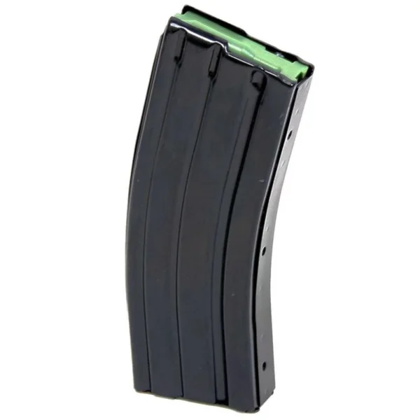 ProMag AR-15 Magazine, curved black steel magazine with green follower, angled front view
