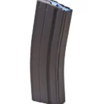 ASC AR Family rifle magazine, black curved magazine with blue follower, angled front view