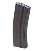 ASC AR Family rifle magazine, black curved magazine with blue follower, angled front view