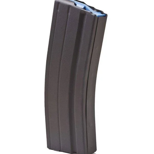 ASC AR Family rifle magazine, black curved magazine with blue follower, angled front view