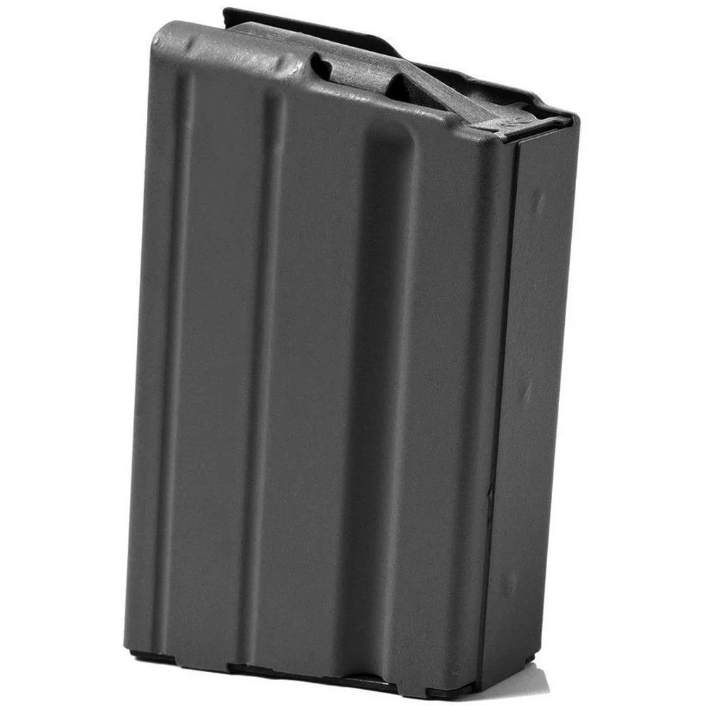 ar-15-6-8-spc-10-round-stainless-magazine-primary ASC AR Family Rifle Magazine, black angled view with grey follower and ribbed metal body