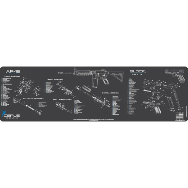 Cerus Gear Magnum XXL AR-15/Glock Combo Schematic Promat, grey top view with white diagrams
