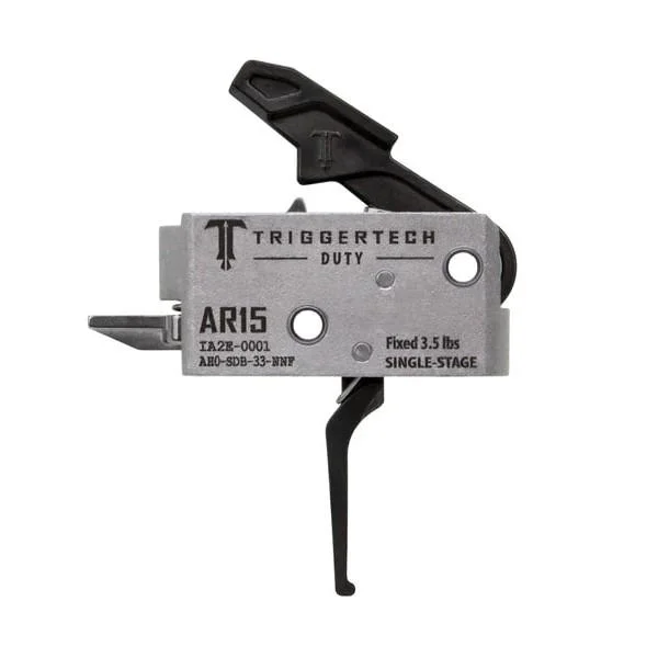 TriggerTech AR Duty Trigger, right-side view with silver housing, black flat trigger and top lever