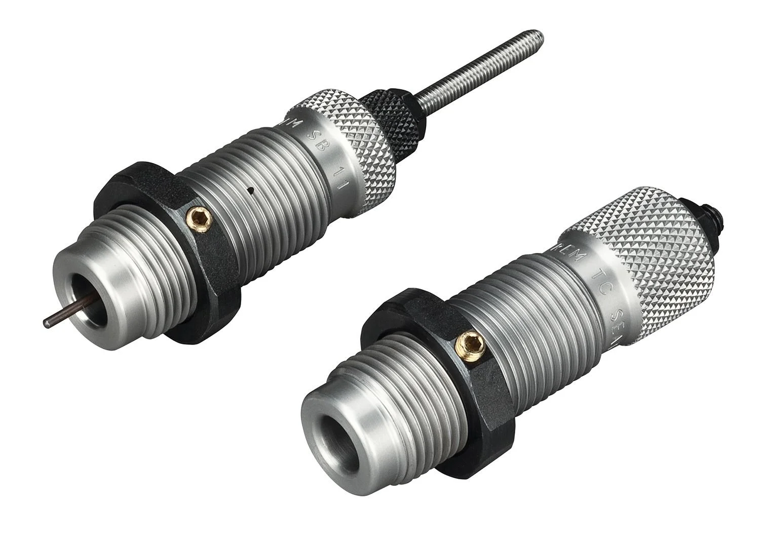 ar-small-base-die-set-308-win-primary RCBS AR Small Base Die Set, two silver threaded reloading dies in angled view