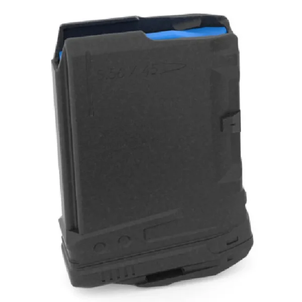 UTG AR polymer magazine, black front view with blue follower visible