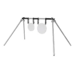 Birchwood Casey AR500 Gong Hanger Kit, silver metal stand with two white round hanging gongs