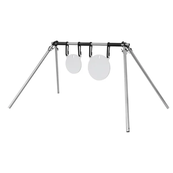 Birchwood Casey AR500 Gong Hanger Kit, silver metal stand with two white round hanging gongs