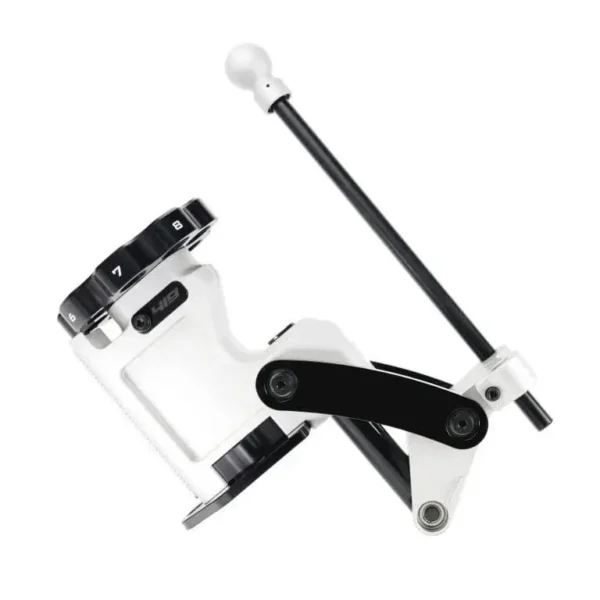 Area419 The Zero Reloading Turret Press, angled view of white press with black handle and turret head