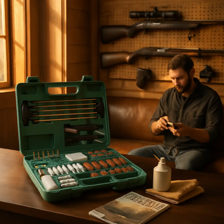 A firearm cleaning kit with bore brushes, solvent, and oil on a workbench