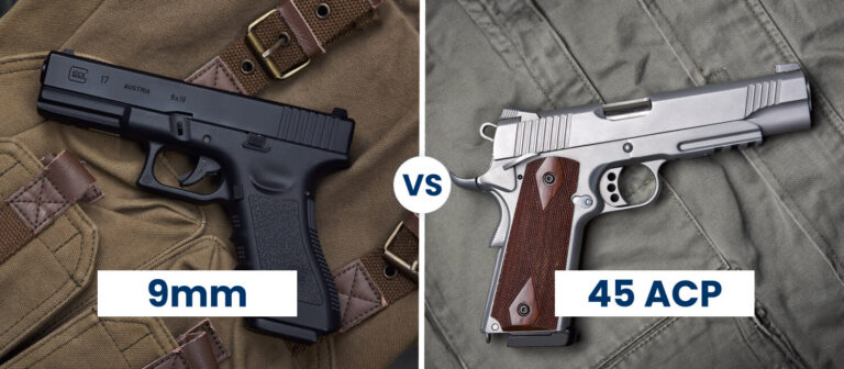 A 9mm and a .45 ACP handgun compared on a wooden surface