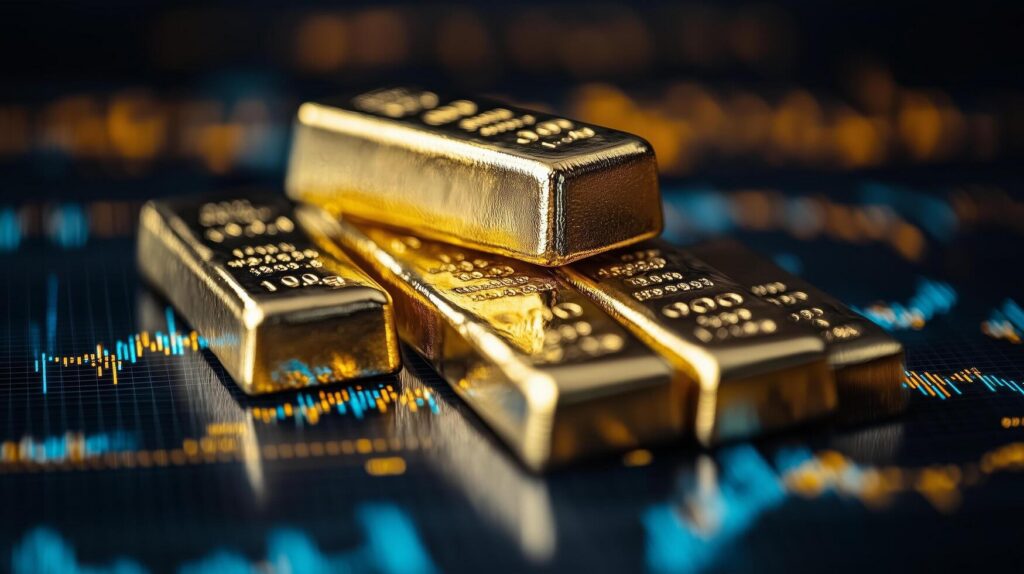 Gold bars stacked next to a financial graph showing growth