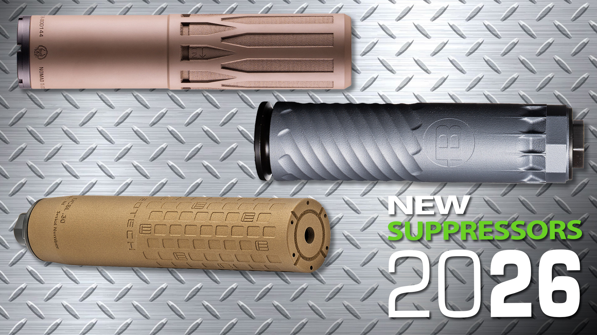 A collection of modern titanium and steel rifle suppressors mounted on precision rifles.
