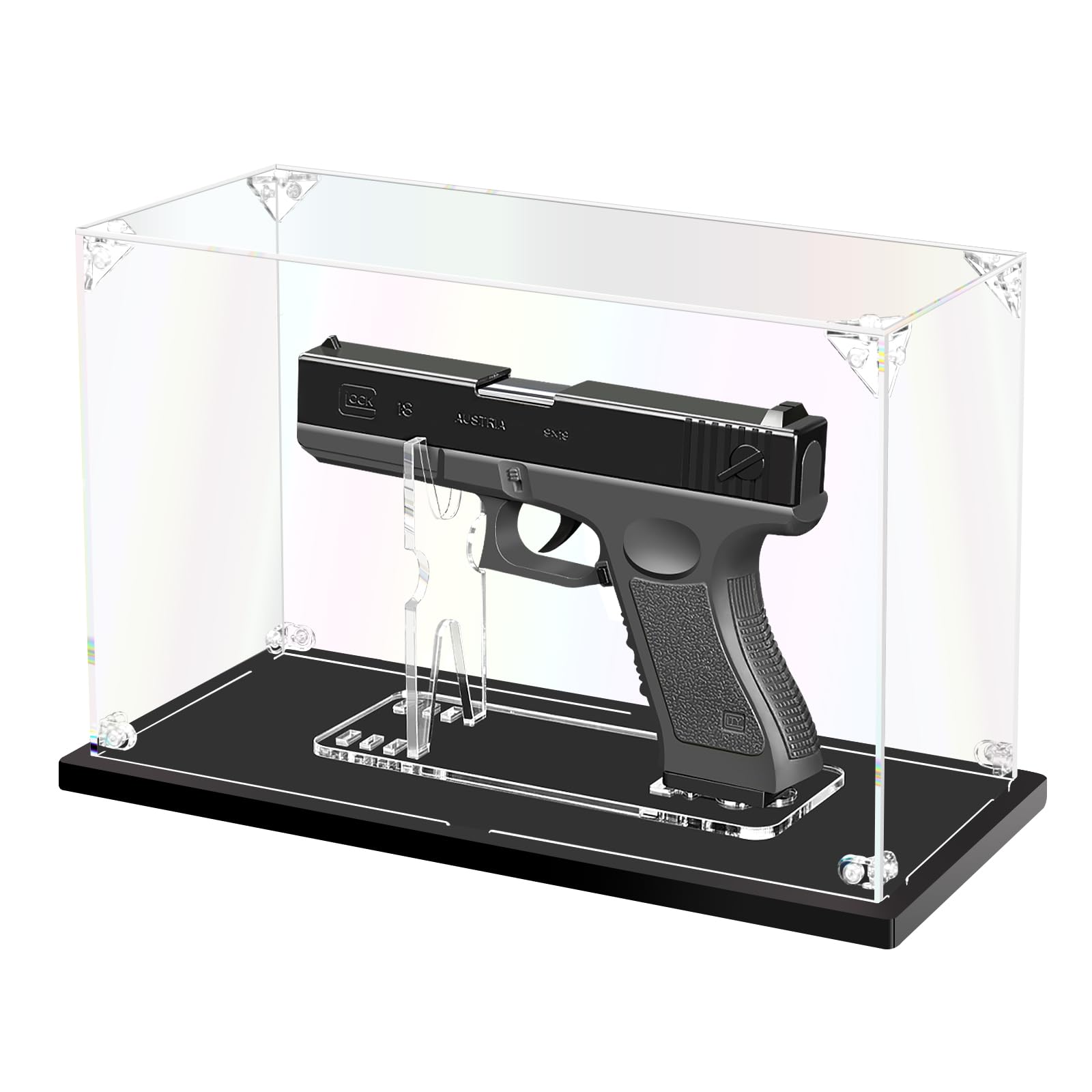 A modern semi-automatic handgun resting on a wooden display surface