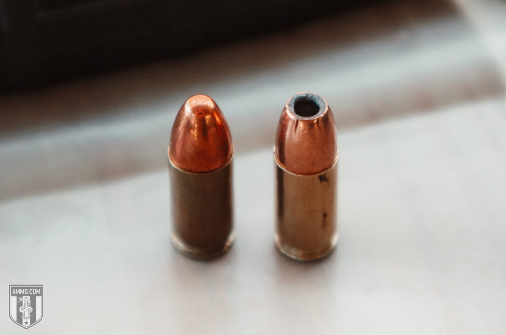Comparison of a 9mm hollow point bullet and a 9mm full metal jacket bullet