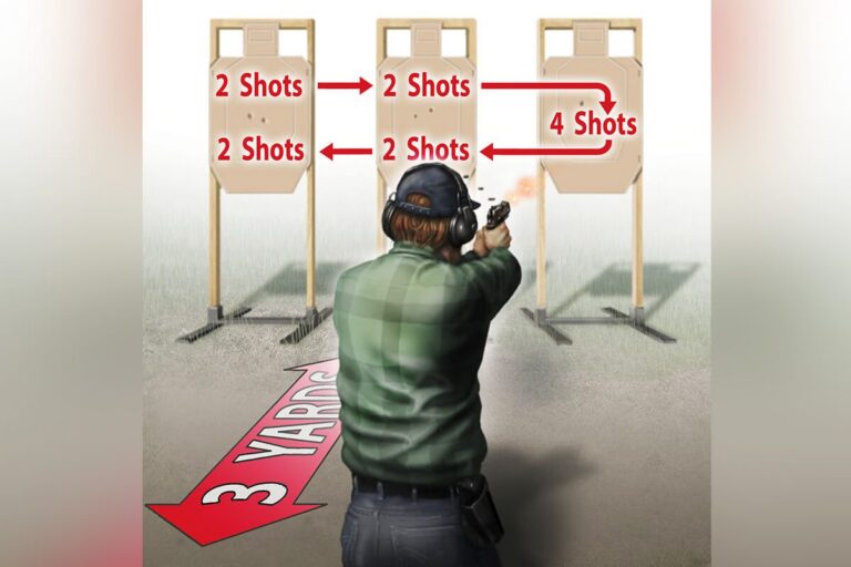 A beginner practicing handgun shooting at a target on an indoor shooting range