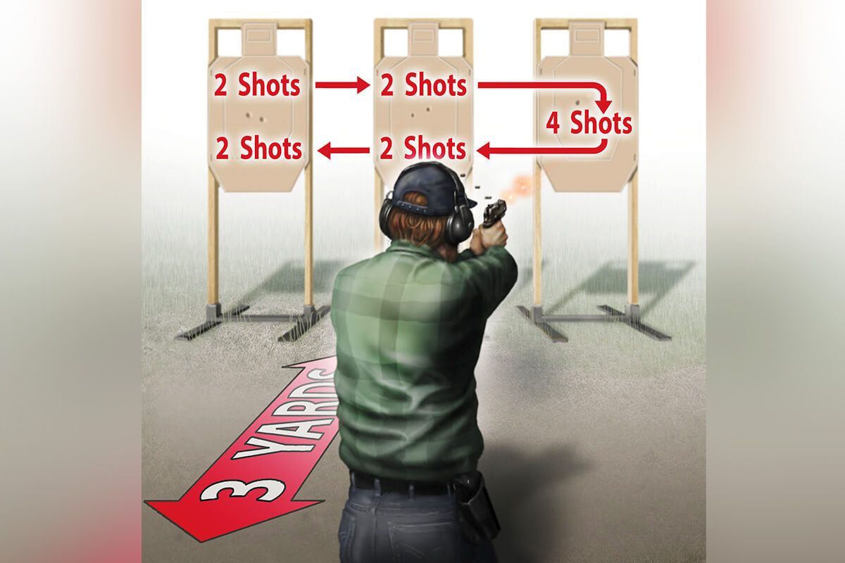 A beginner practicing handgun shooting at a target on an indoor shooting range
