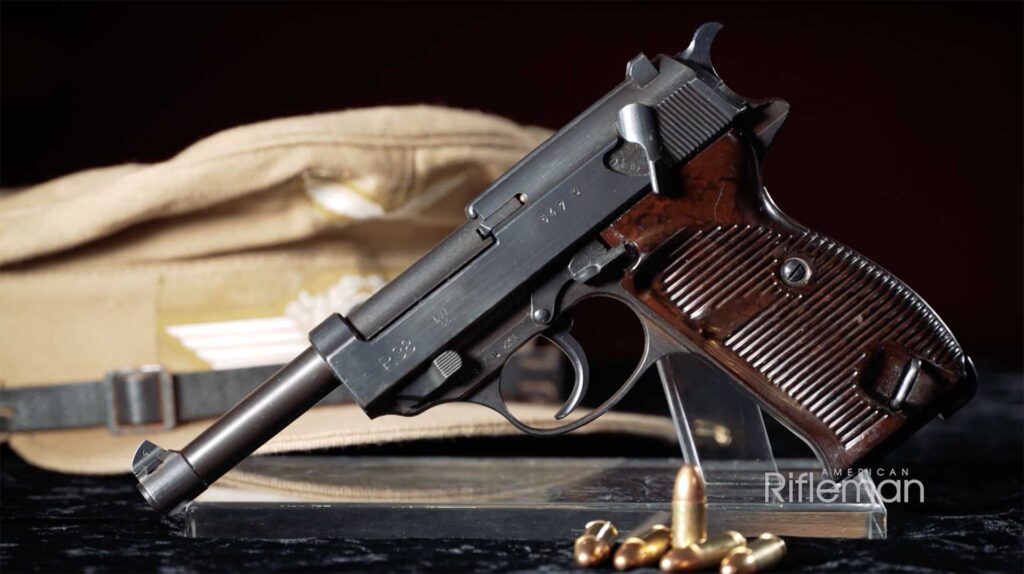 Walther P38 9mm service pistol on a wooden display surface
