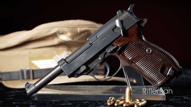 Walther P38 9mm service pistol on a wooden display surface