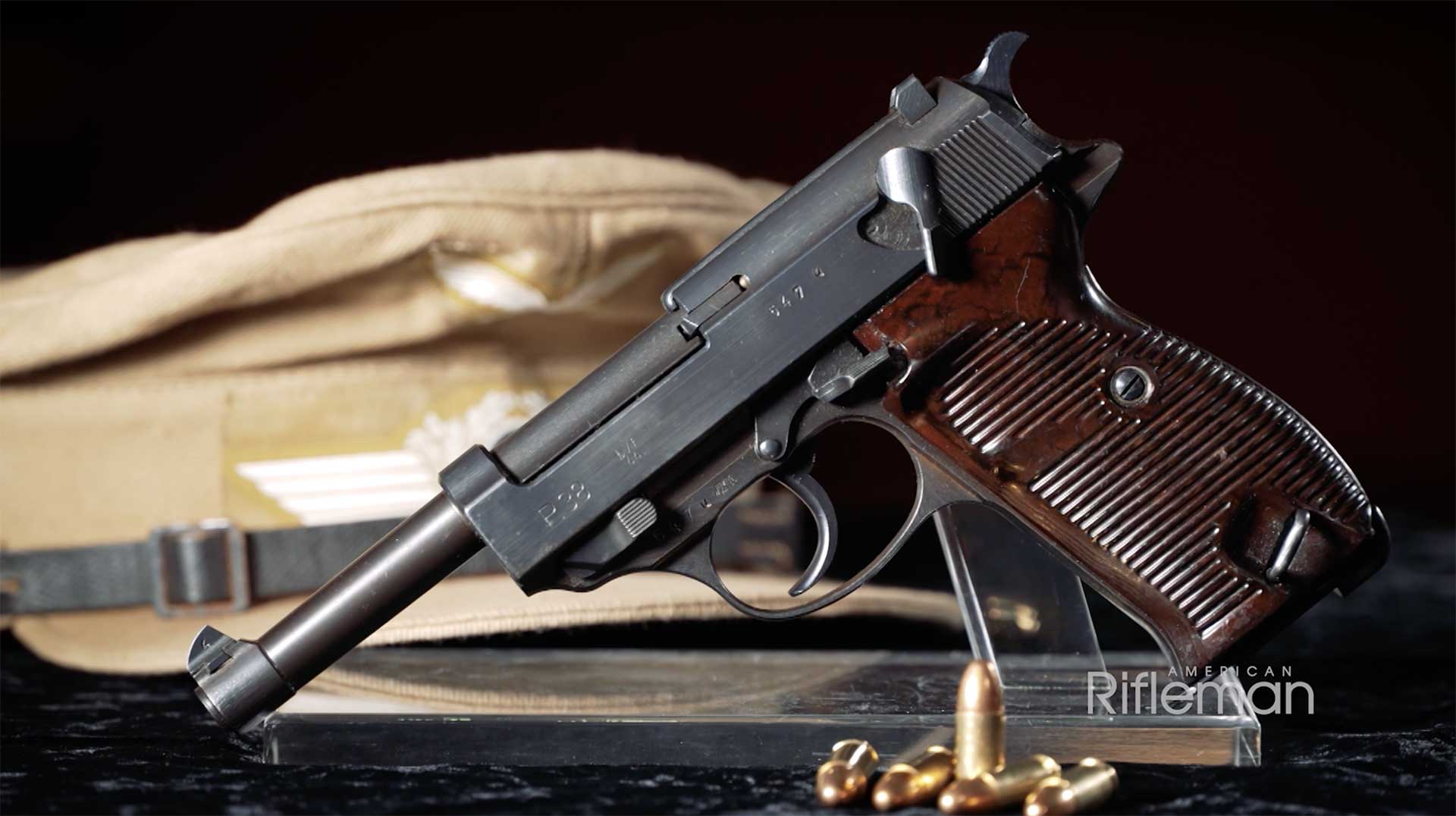 Walther P38 9mm service pistol on a wooden display surface