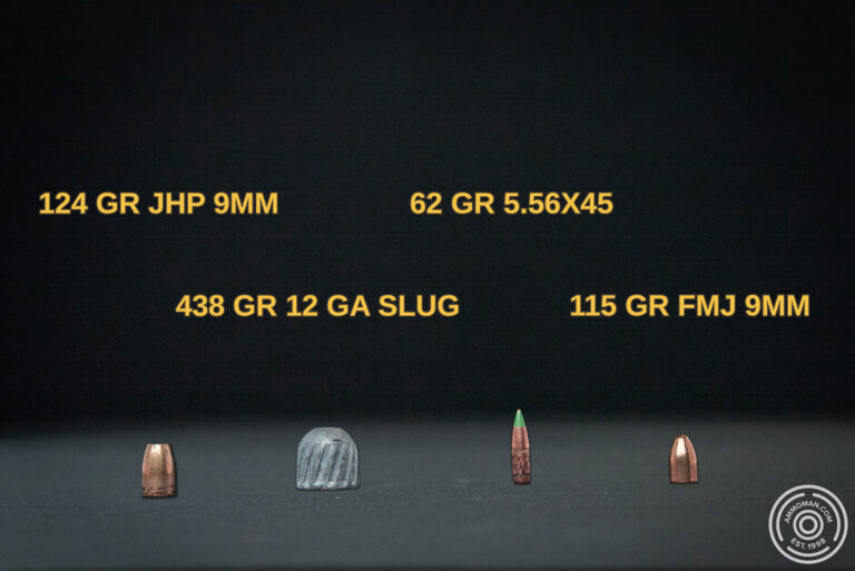 Close up of various 9mm and handgun ammunition bullets showing different grain weights
