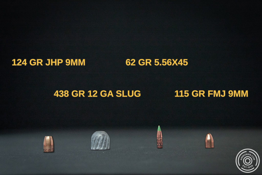Close up of various 9mm and handgun ammunition bullets showing different grain weights