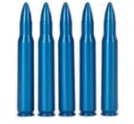 Pachmayr A-Zoom aluminum snap caps, five blue cartridges arranged upright