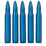 Pachmayr A-Zoom aluminum snap caps, five blue cartridges arranged upright