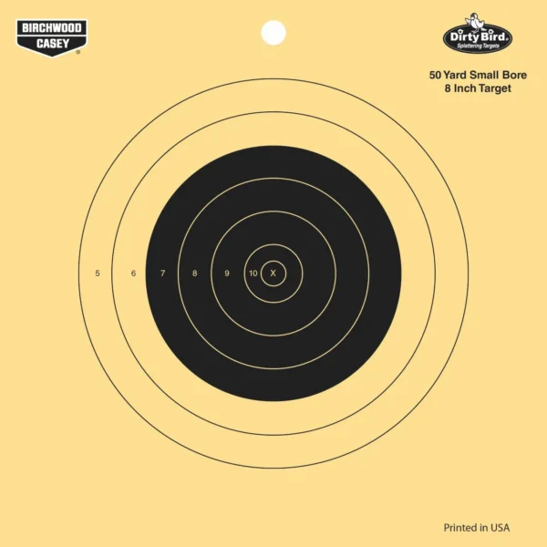 Birchwood Casey Dirty Bird 8-inch 50 Yard Small Bore Reactive Target, front view with black rings