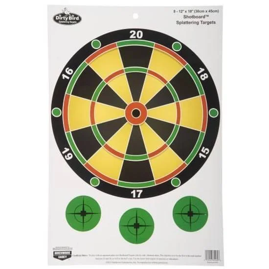 Birchwood Casey Dirty Bird Shotboard Game Target, front with dartboard pattern and three bullseyes