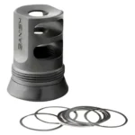 Banish 4578 30-Gold Muzzle Brake, black angled view with side ports and loose rings