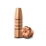 Barnes TSX copper-coloured bullets, one upright with two showing expanded tips