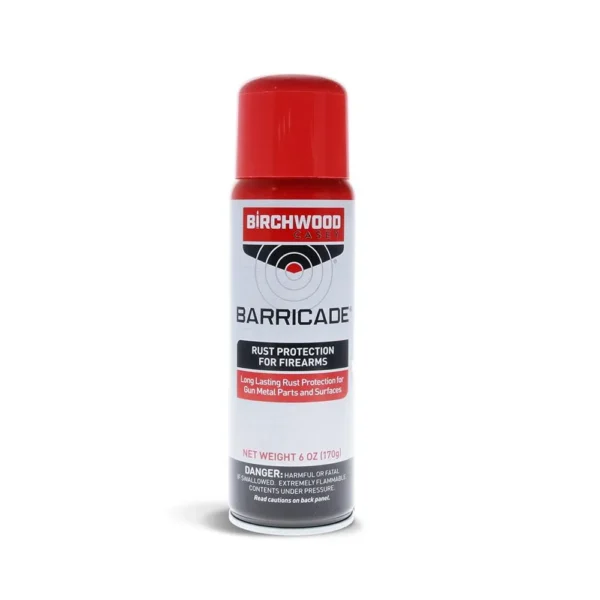 Birchwood Casey Barricade Rust Preventative aerosol can with red cap, front view