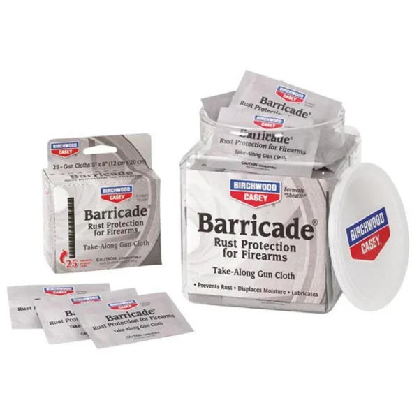 Birchwood Casey Barricade Take-Along Packets, white packets and retail packaging, front view