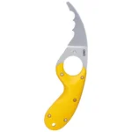 CRKT Bear Claw Fixed Knife with yellow handle, silver hawkbill blade and finger ring, top view