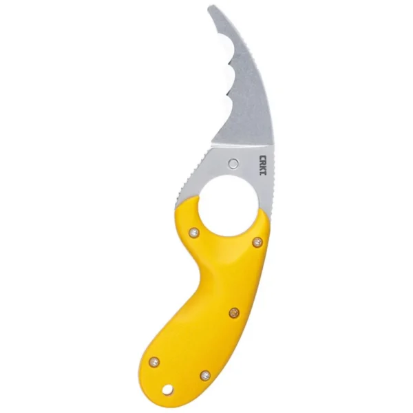 CRKT Bear Claw Fixed Knife with yellow handle, silver hawkbill blade and finger ring, top view