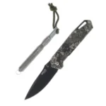 Bear & Son Edge Folding Knife with black drop point blade, camo handle and fire starter