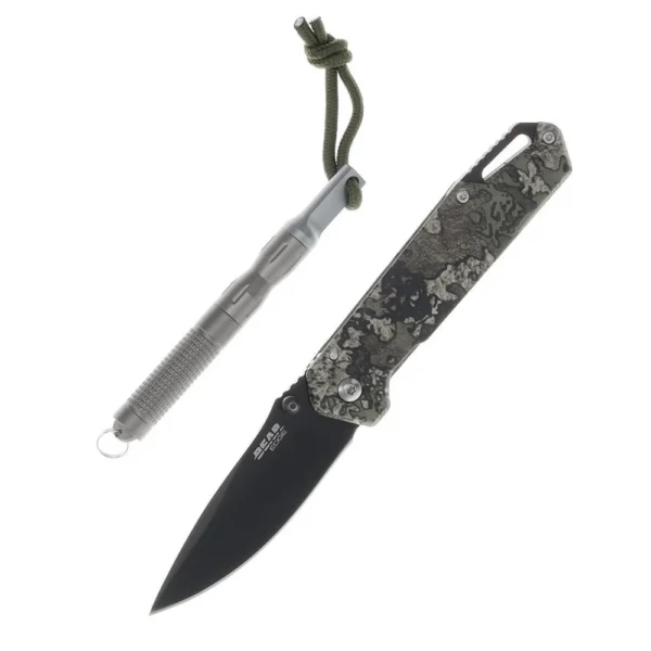 Bear & Son Edge Folding Knife with black drop point blade, camo handle and fire starter