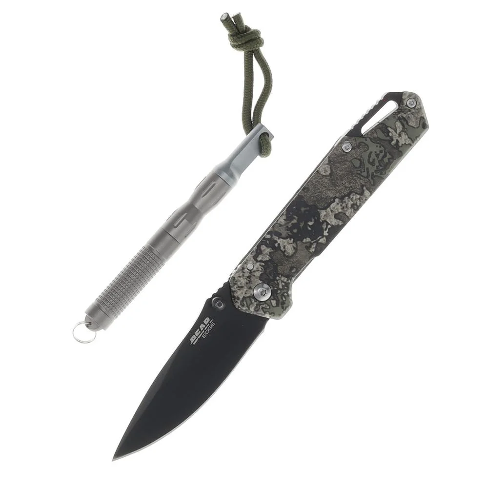 bear-son-edge-folding-knife-3-drop-point-blade-truetimber-strata-primary Bear & Son Edge Folding Knife with black drop point blade, camo handle and fire starter