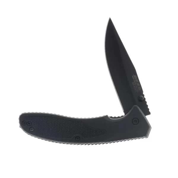 Bear & Son Sideliner folding knife, angled side view with black clip point blade and handle