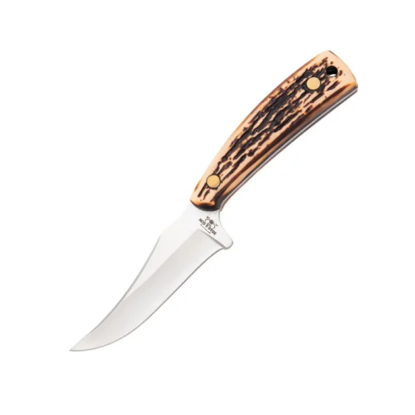 Bear & Son Upswept Skinner Fixed Knife, stag-look handle and silver clip-point blade, side view