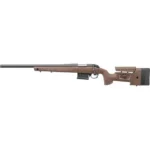 Bergara B-14 HMR Left Hand Rifle, left-side view with brown stock, black barrel and magazine