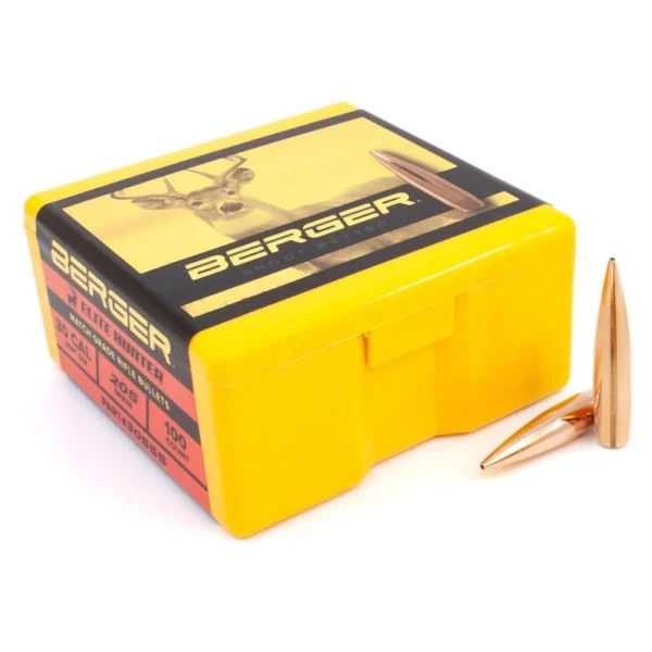 Berger Elite Hunter Rifle Bullets .30 cal 205 gr BTHP 100/ct, yellow box with two copper bullets