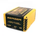 Berger Long Range Hybrid Target rifle bullets, yellow and black box in angled front view