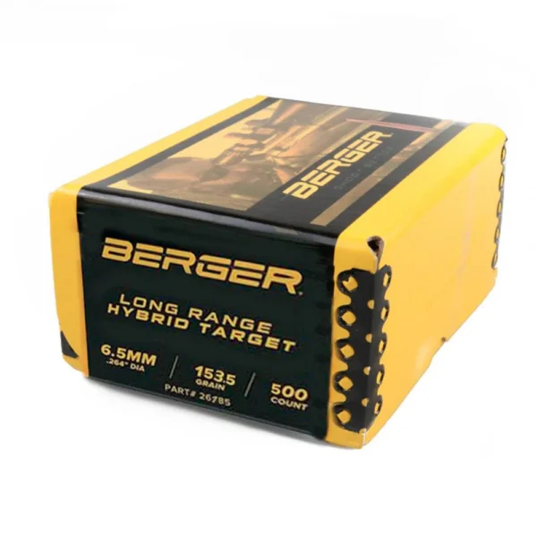 Berger Long Range Hybrid Target rifle bullets, yellow and black box in angled front view