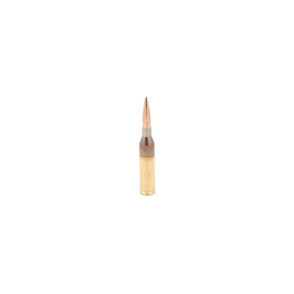 Berger Match Grade Rifle Ammunition, single brass cartridge in side view