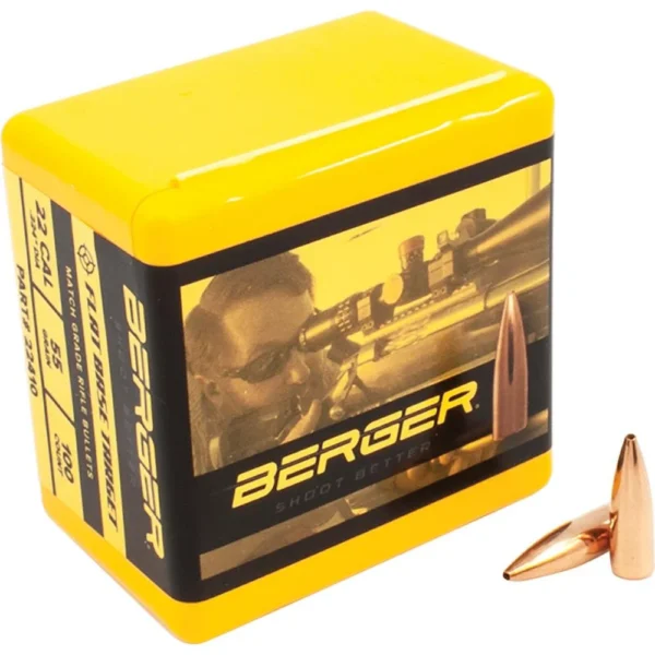 Berger Match Grade Target Bullets, yellow and black box with two copper-colored bullets