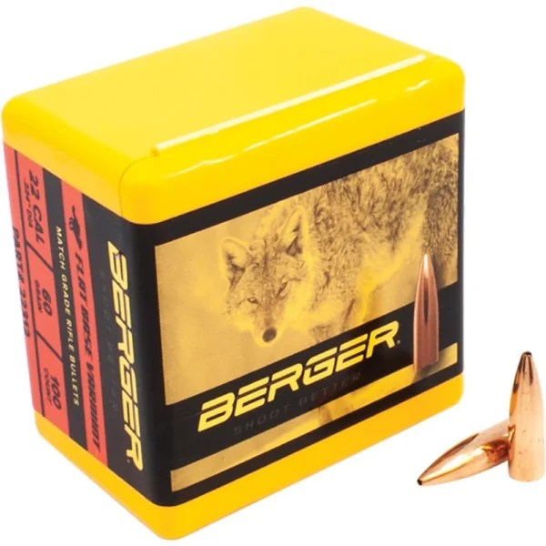 Berger Match Grade Varmint yellow and black box with two copper-coloured bullets
