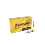 Berger Tactical Rifle Ammunition, yellow box beside two brass cartridges